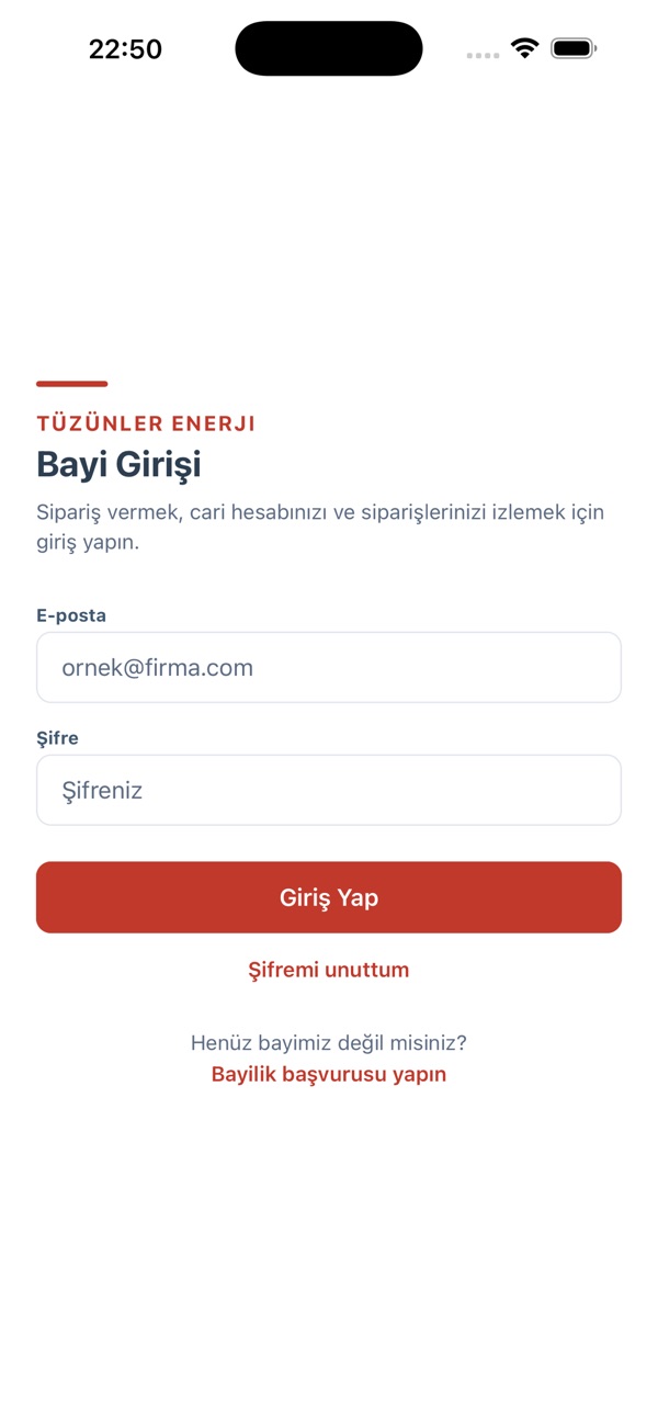 Bildschirme der TuzunlerEnerjiApp: Anmeldung, Katalog, Favoriten und Warenkorb