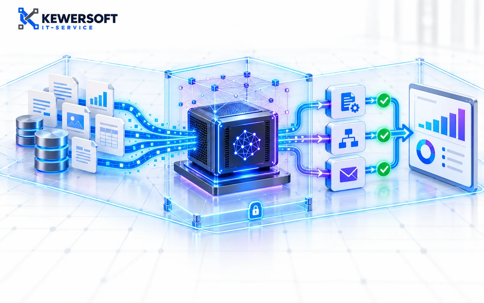 Kewersoft görseli: şirket içi veriler kontrollü özel yapay zeka ortamından otomasyon süreçlerine aktarılıyor