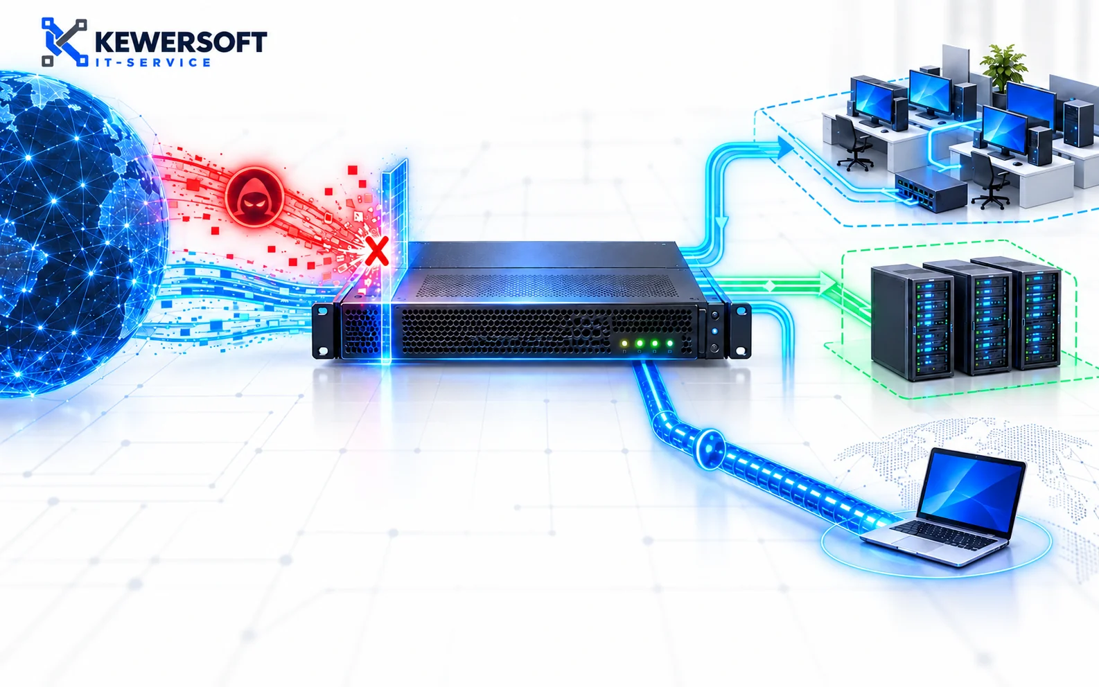 Kewersoft-Grafik: Firewall blockiert einen Angriff und schützt getrennte Büro-, Server- und VPN-Verbindungen