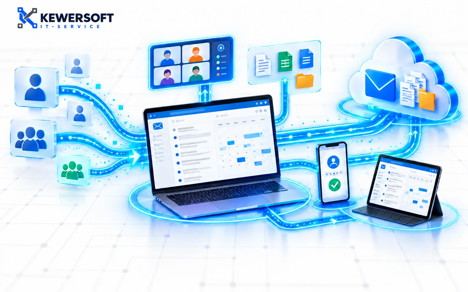 Kewersoft görseli: e-posta, takvim, ekip çalışması ve dosyalar yönetilen hesaplarla bağlanıyor