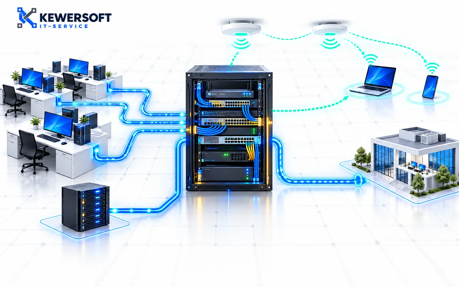 Kewersoft illustration: a network cabinet connects office workstations and a server over LAN, plus a laptop and mobile device over Wi-Fi