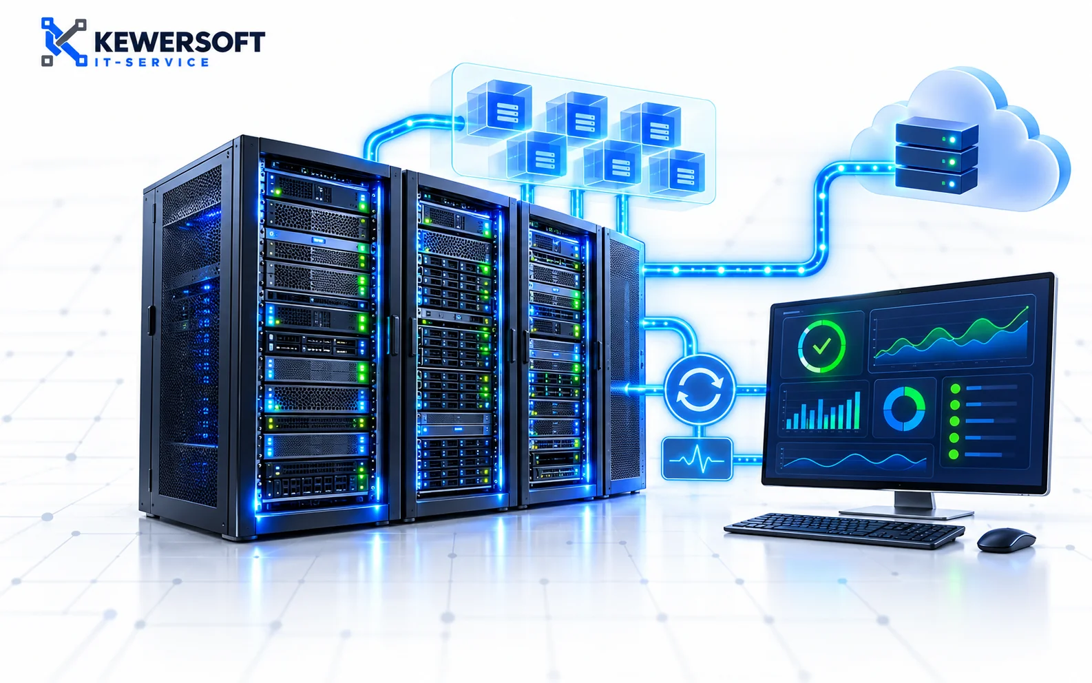Kewersoft illustration: server racks with virtualized systems, cloud connection and monitoring dashboard