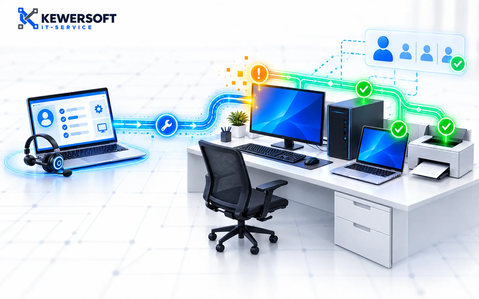 Kewersoft illustration: remote support connects a technician to a desktop, laptop and printer